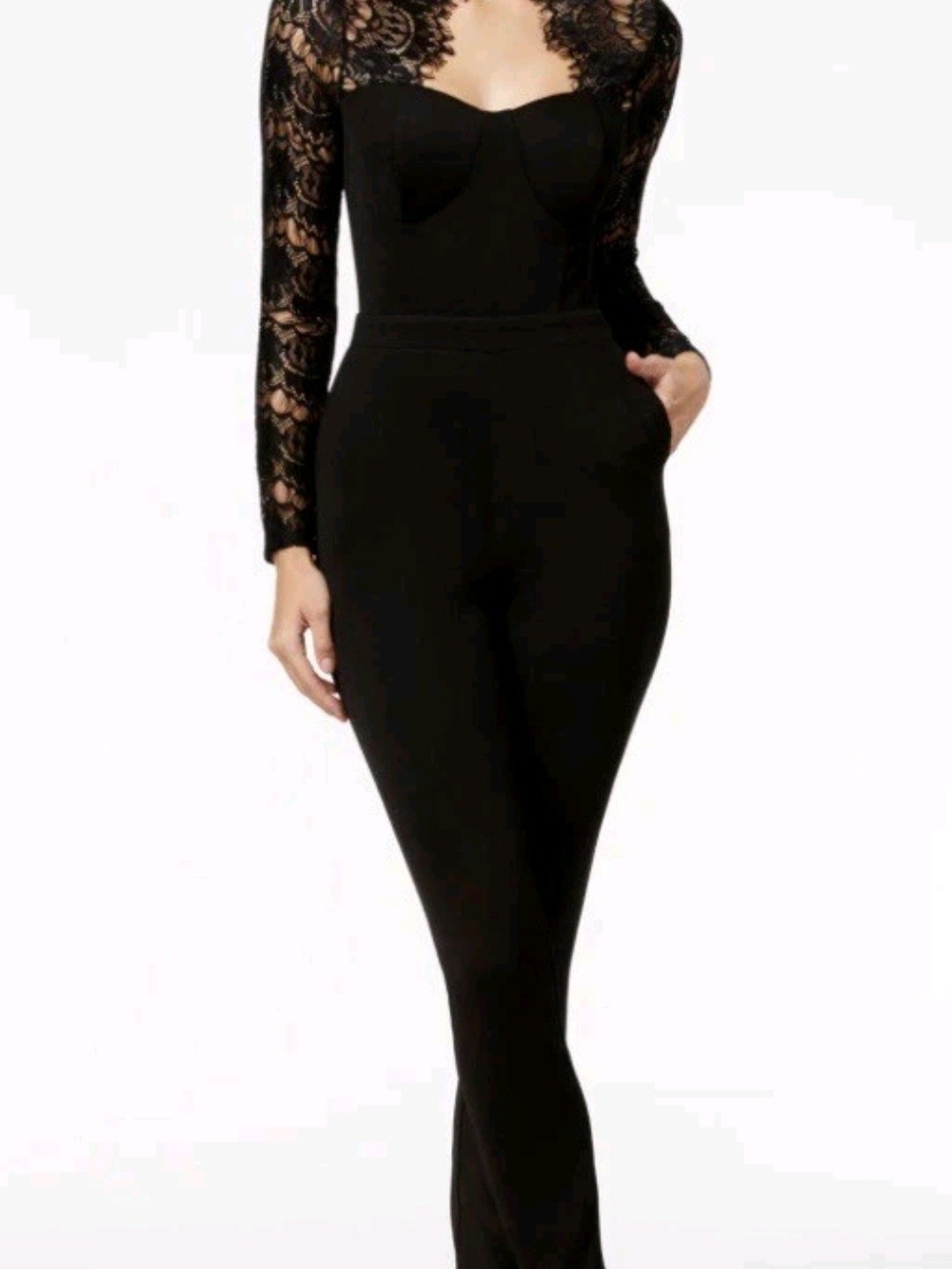 Material Girl Black Lace-Sleeve Jumpsuit Size Medium